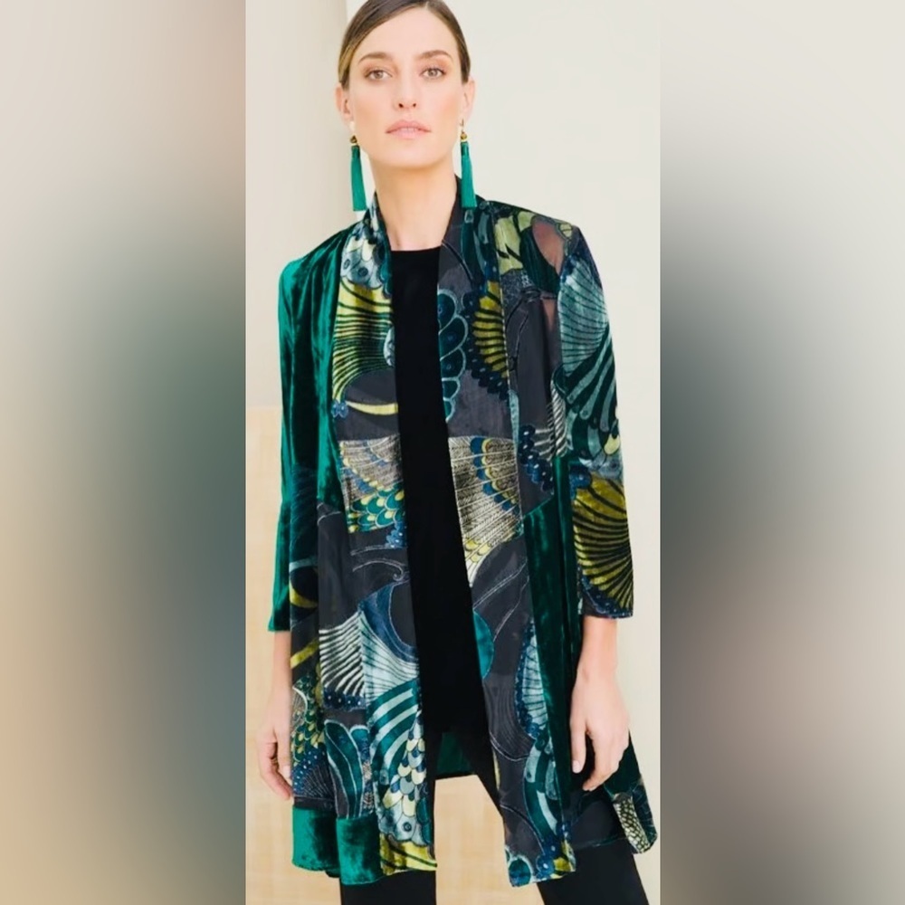 Chico’s Traveler’s Emerald Green Peacock Velvet Burnout‎ Duster Boho Festival